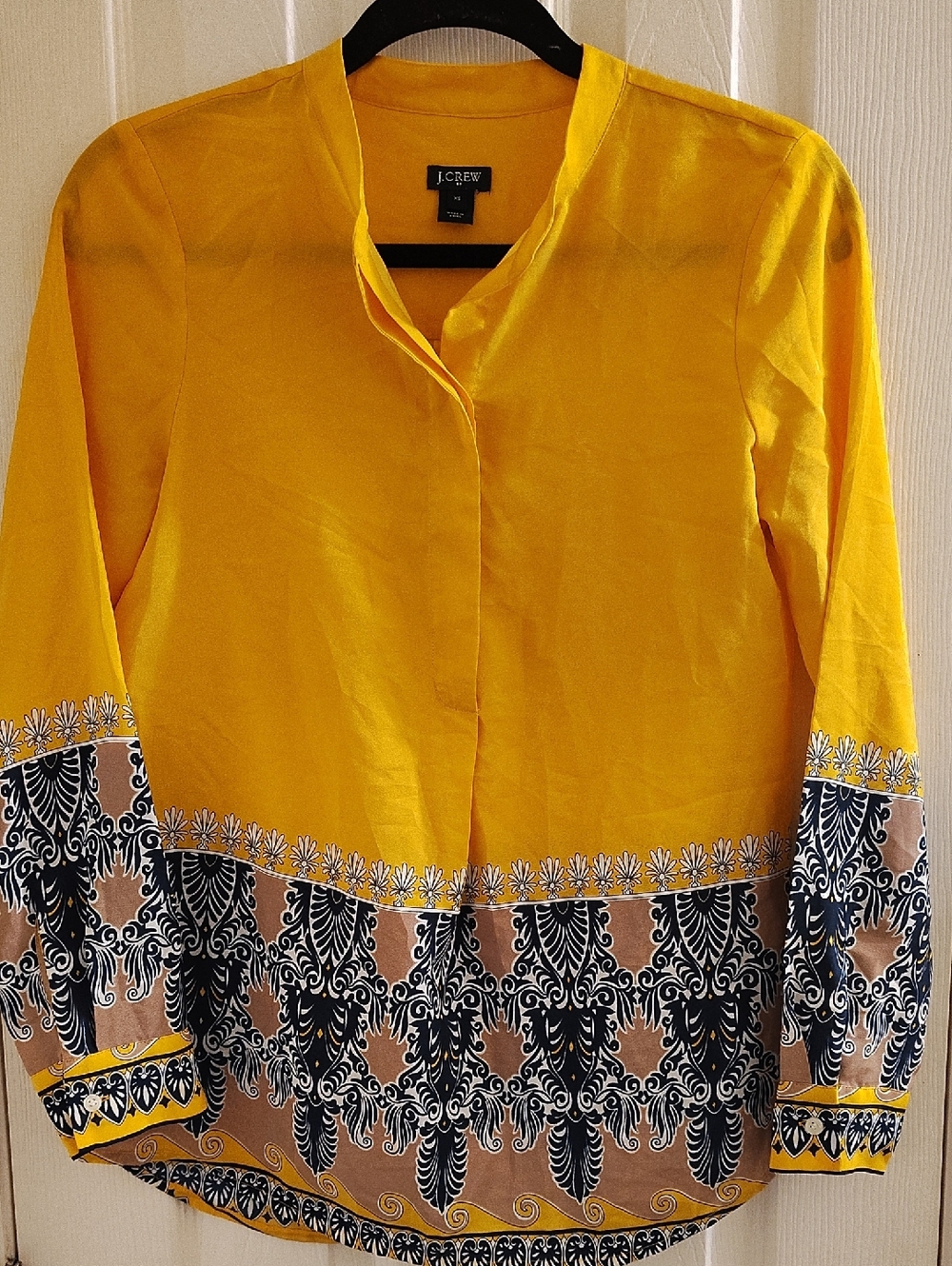 J. Crew Bright Yellow Printed-Hem Long Sleeve Blouse